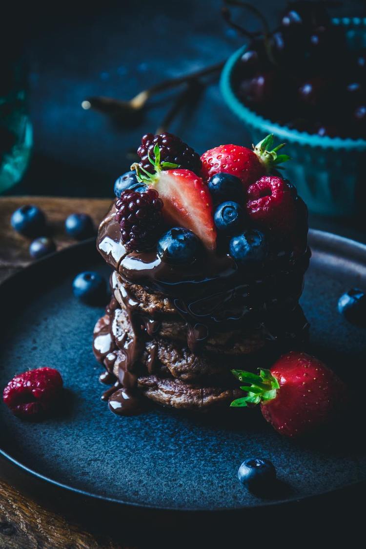 Pancake Recipe - Buckwheat Dessert Pancakes with Berries and Chocolate Syrup
