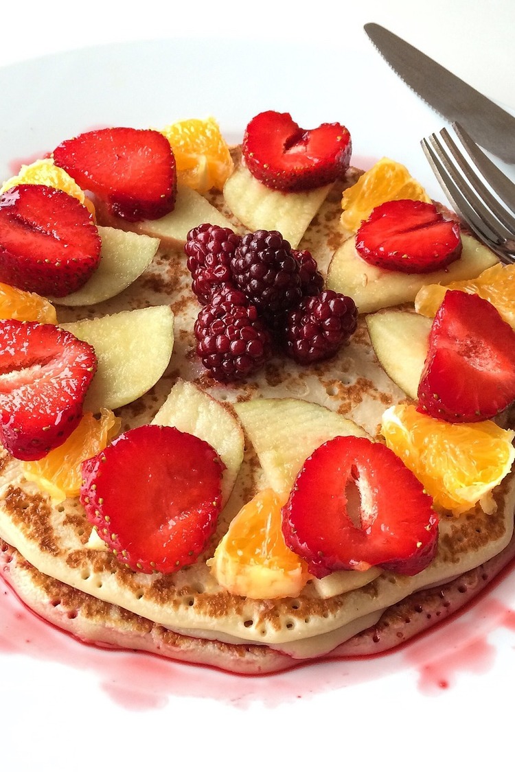 Old Fashioned Pancakes with Strawberries, Oranges, Pears and Raspberries