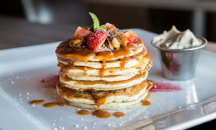 Pancakes Recipe - Pancakes With Sliced Strawberries, Walnuts and Caramel Drizzle