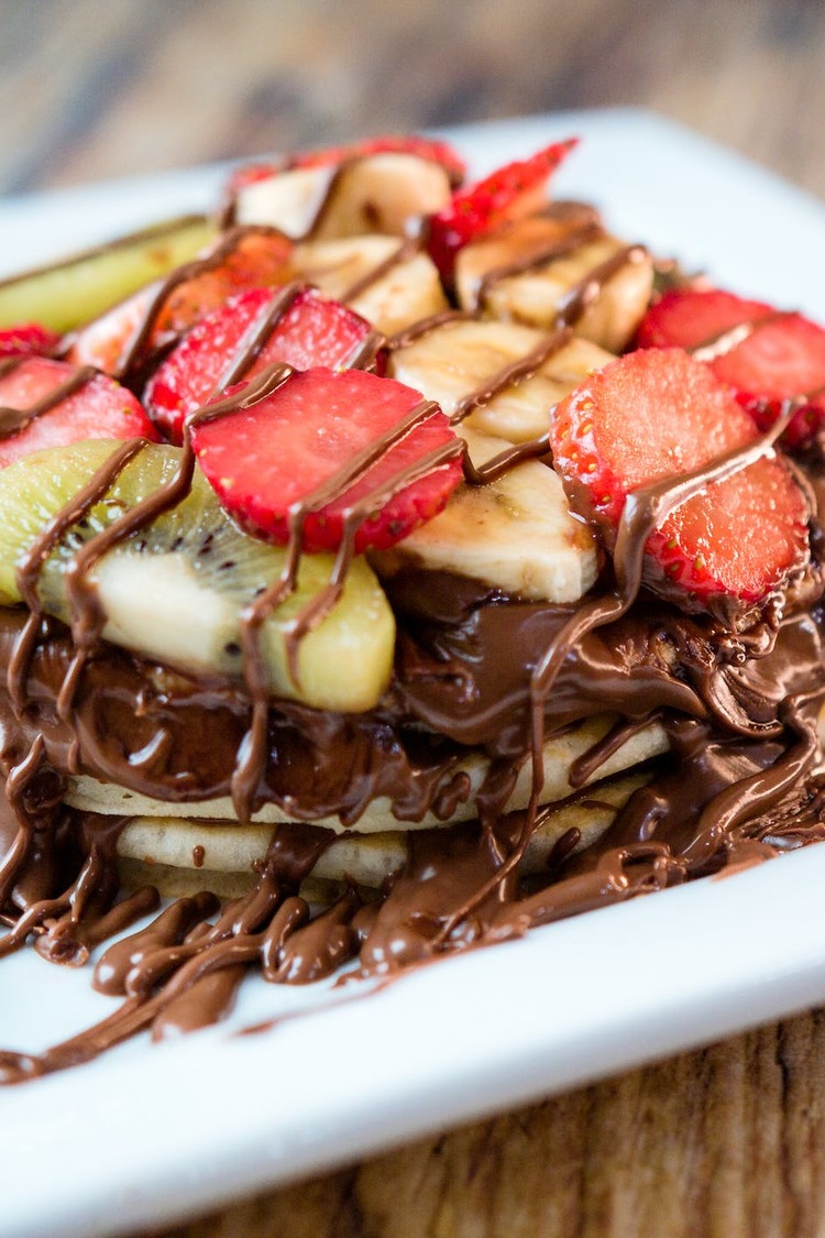 Chocolate Drizzled Pancakes with Kiwi, Bananas and Strawberries - Pancake Recipe