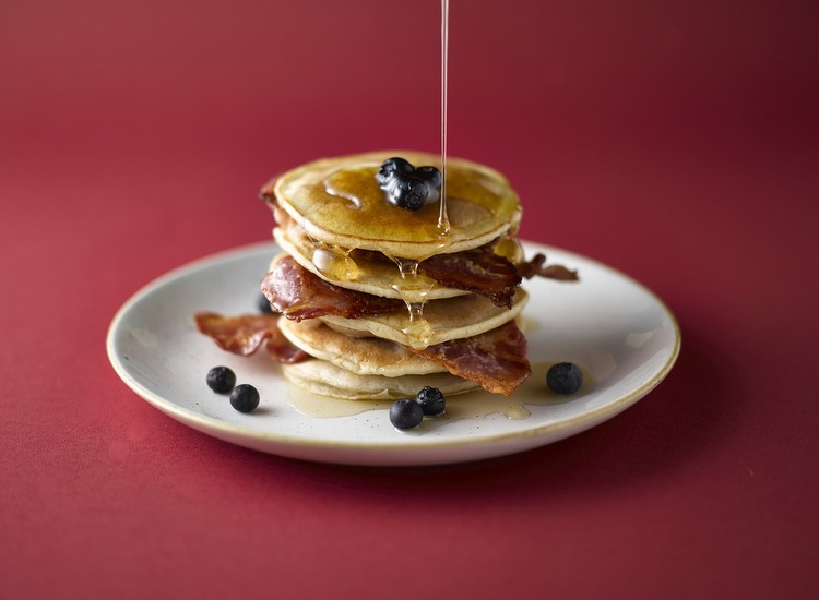 Buttermilk Pancakes with Bacon, Blueberries and Maple Syrup Recipe