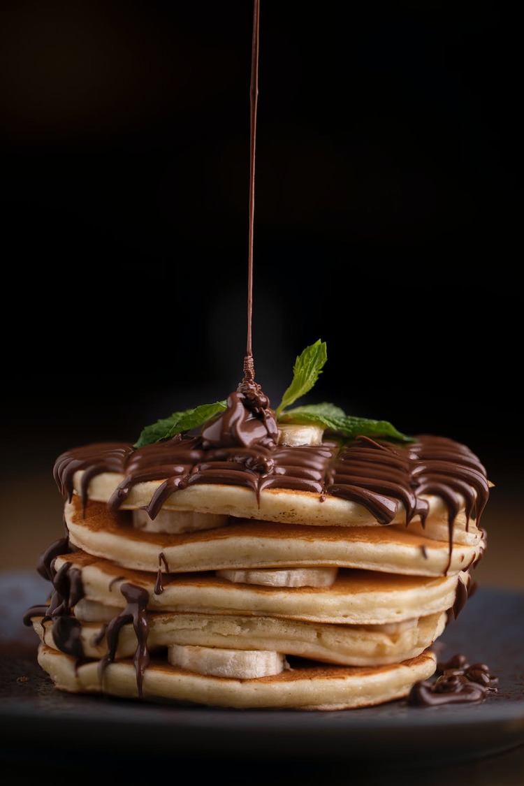 Pancake Stack with Bananas and Chocolate Syrup - Pancake Recipe