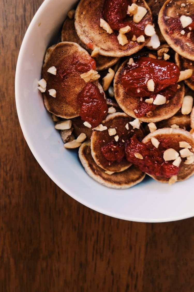 Mini Pancakes with Walnuts and Strawberry Jam